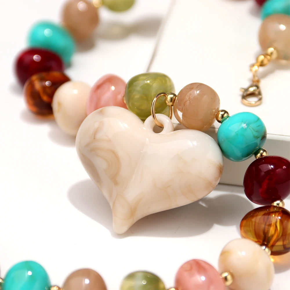 Fashion Acrylic Oval Round Beads Heat Pendant Necklace Boho Irregular Geometric Beaded Choker Necklaces New Party Jewelry Gifts