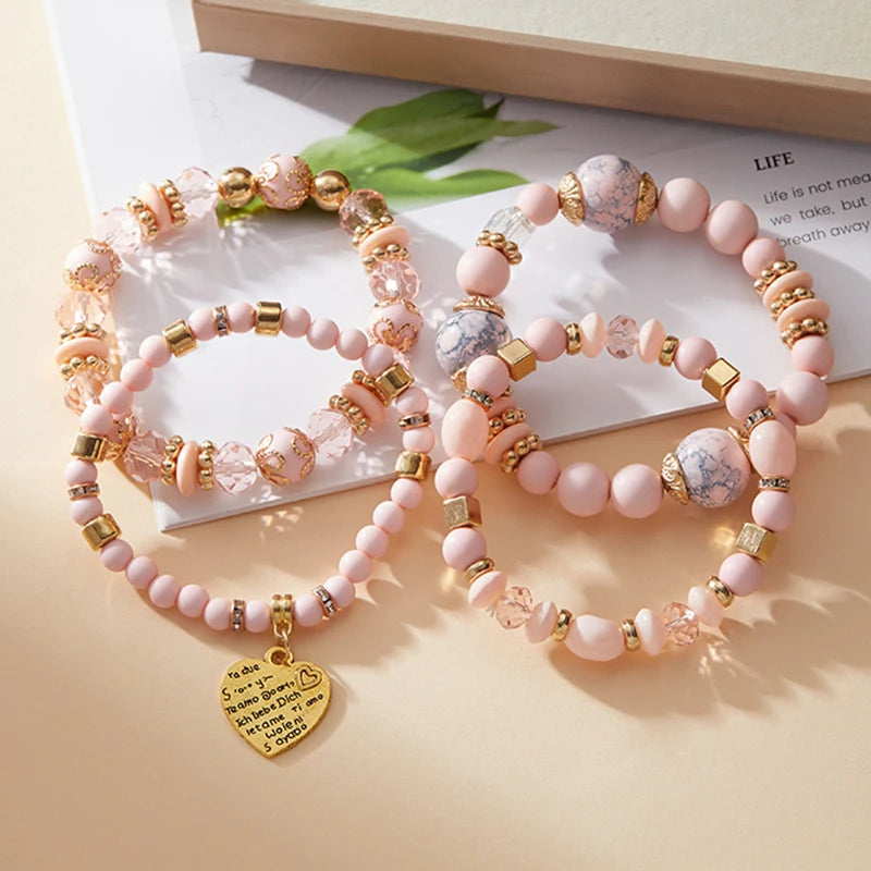 4pcs/set Bohemian Stackable Bead Bracelets for Women Multilayered Bracelet Pendant Charm Stretch Bangles
