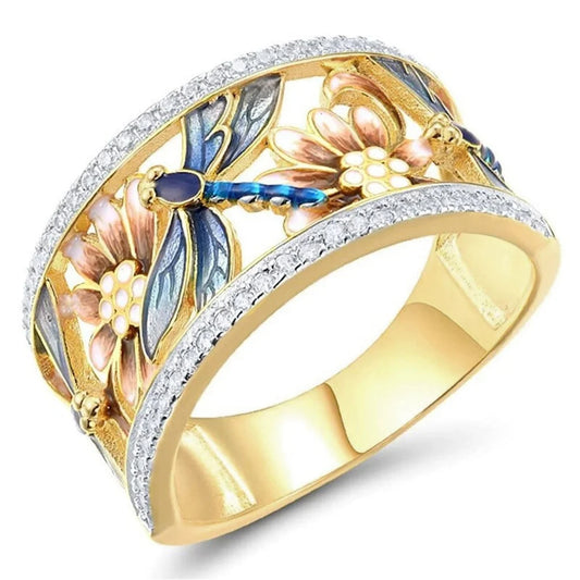 Vintage Flower Dragonfly Animal Rings For Women Gold Color Engagement Wedding Jewelry Bridal Valentine's Day Gifts