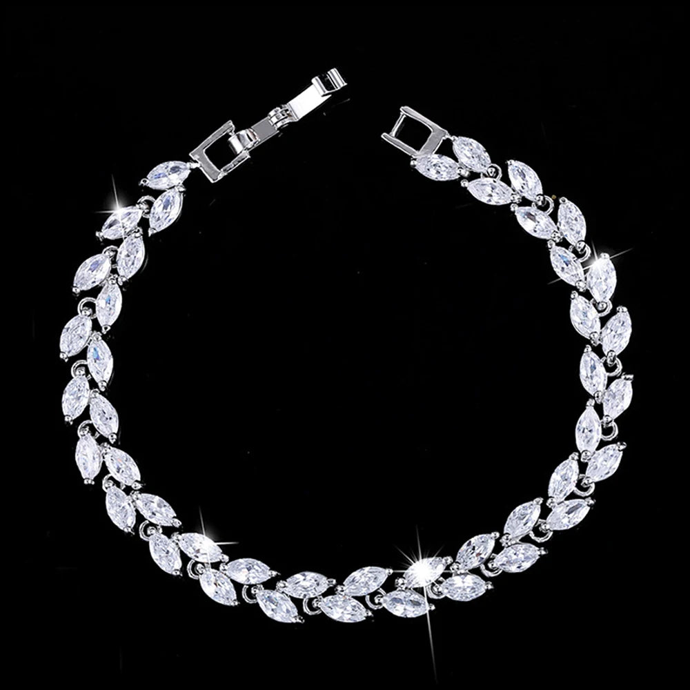 ThreeGraces New Trendy Brilliant Cubic Zirconia Leaf Shape Bridal Wedding Tennis Chain Link Bracelet Jewelry for Women B621