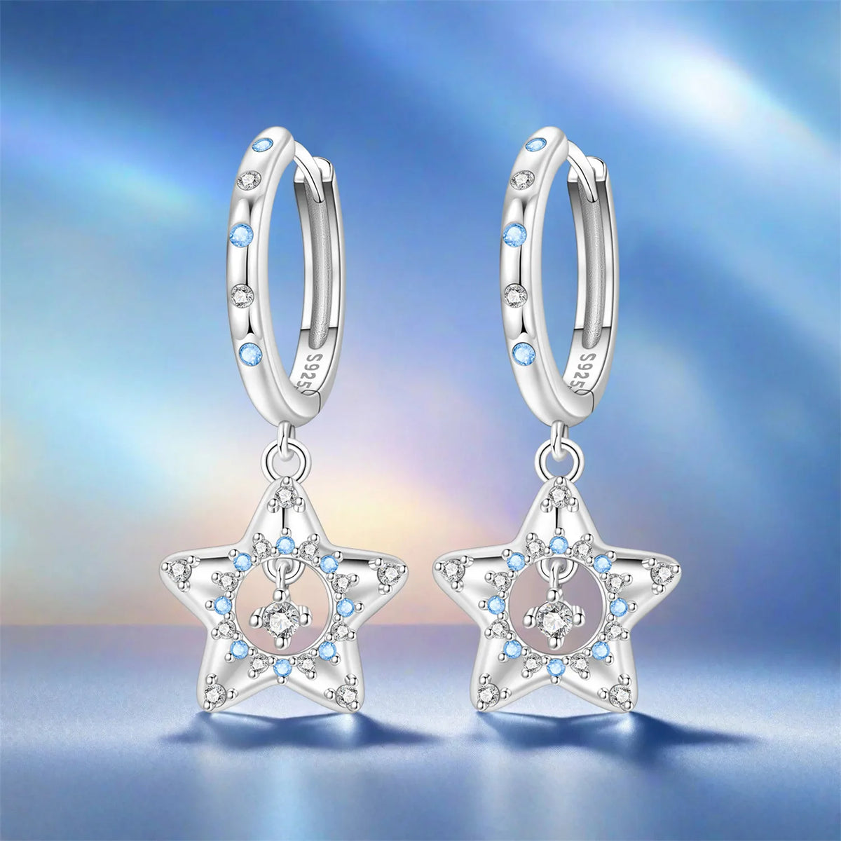 Orstarry 925 Sterling Silver Sparkling Blue Zircon Star Drop Earrings Women Earrings Charm Fashion Versatile Party Jewelry Gifts