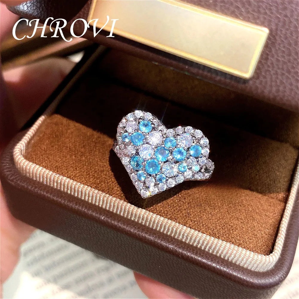 New 925 Sterling Silver Dazzling Full-Diamond Heart Ring, Trendy Luxury niche Sweet Heart-Shaped Ring for Women
