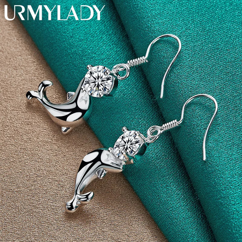 URMYLADY 925 Sterling Silver Dolphin Zircon Earrings Eardrop For Women Charm Wedding Fashion Engagement Jewelry