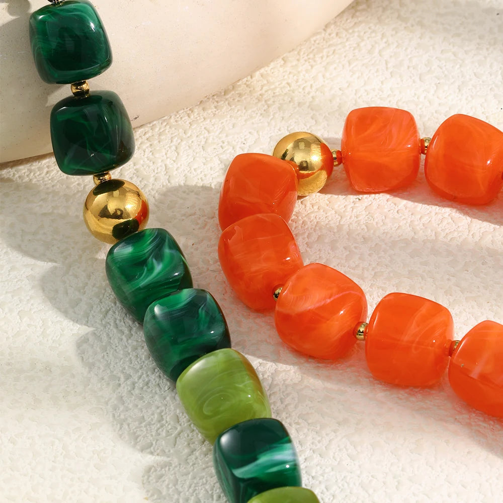 E.B.belle Vintage Statement Acrylic Square Bead Necklace Gold Plated Suitable For Ladies Green Red Bead Tarnish Free Jewelry