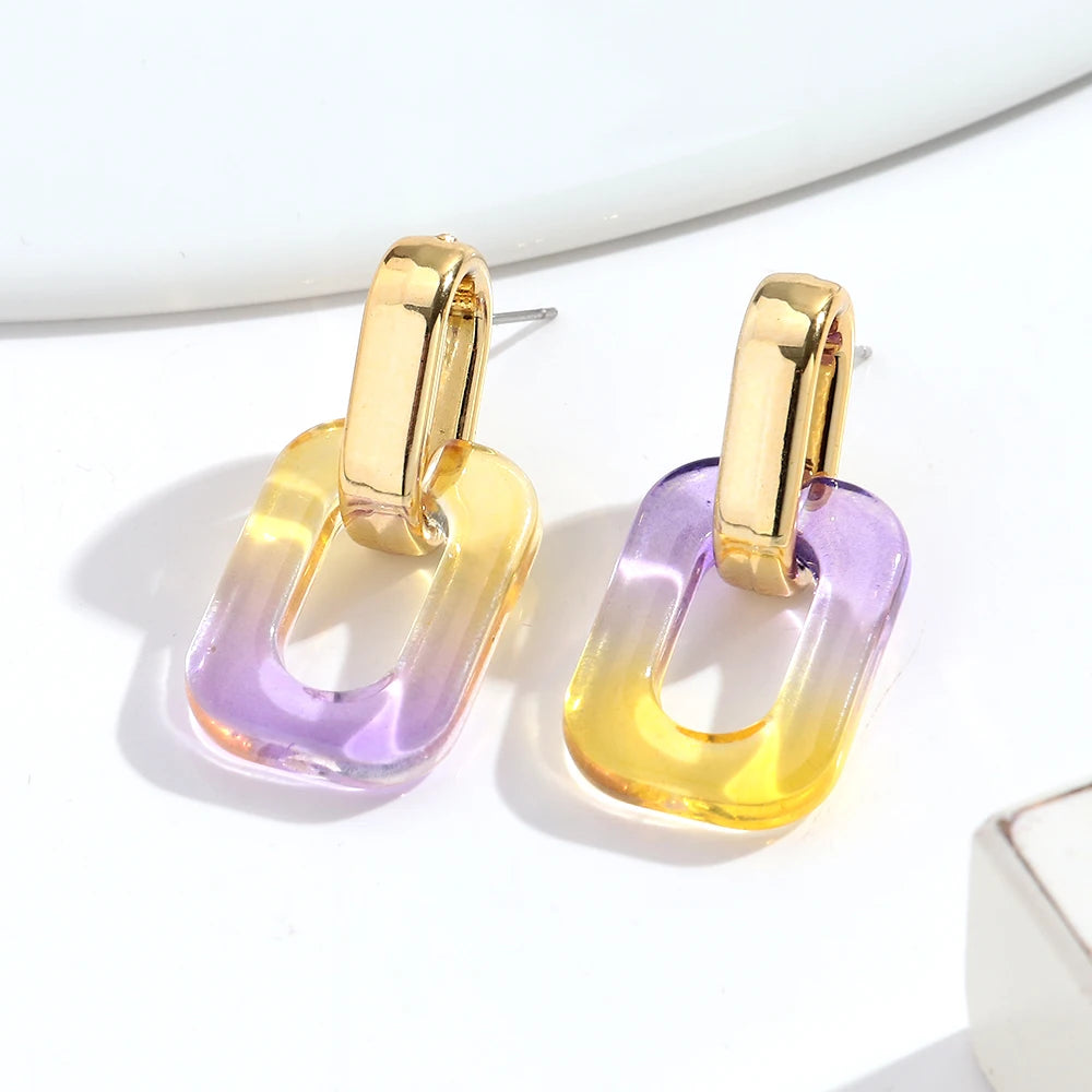 Fashion Acrylic Gradient Color Geometric Buckle Drop Earrings Transparent Iridescent Rectangle Earrings Women Wedding Jewelry