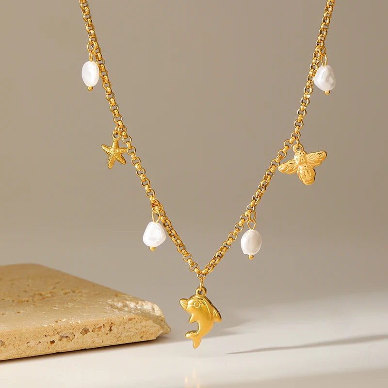 EILIECK 316L Stainless Steel Pearl Shell Starfish Sun Charm Necklace For Women Ocean Style Gold Plated Handmade Holiday Jewelry