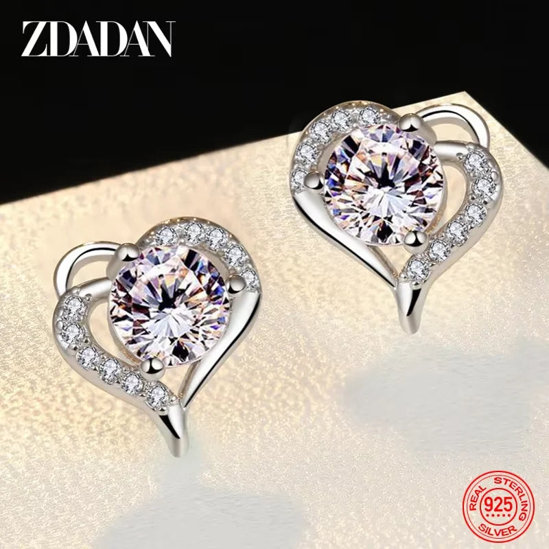 ZDADAN 925 Sterling Silver Heart Amethyst Earring For Women Fashion Jewelry Accessories