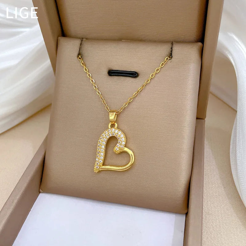 Luxury Heart Necklace for Women Full Paved Bling Cubic Zirconia 14k Gold Color Exquisite Necklace Female Wedding Jewelry