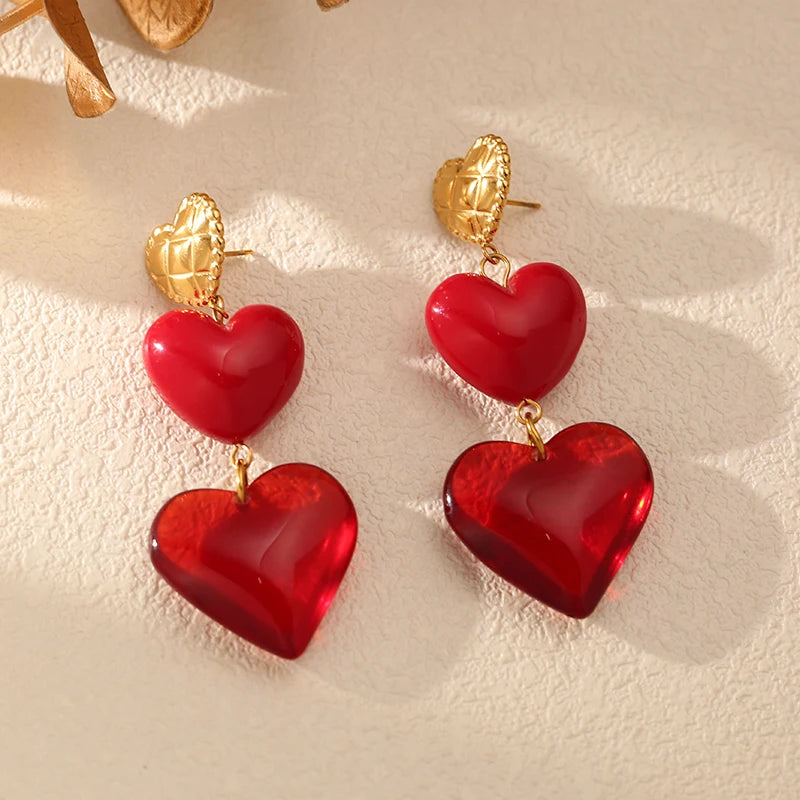 EILIECK 1pair New Stainless Steel Elegant Red Heart-Shaped Pendant Earrings For Women Fashion Ear Stud Waterproof Jewelry Gift