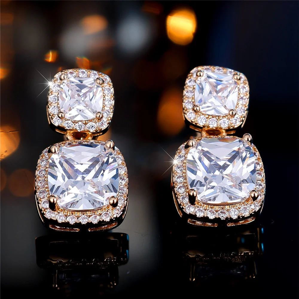 Luxury Big White Zircon Clip Earrings For Women Luxury Crystal Female Silver Color Round Wedding Jewelry