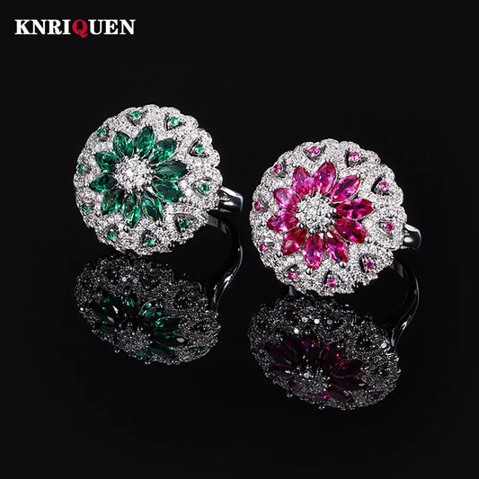 Luxury Ruby Emerald Flower Rings for Women High Carbon Diamond Wedding Bands Retro Gemstone Party Fine Jewelry Anniversary Gift