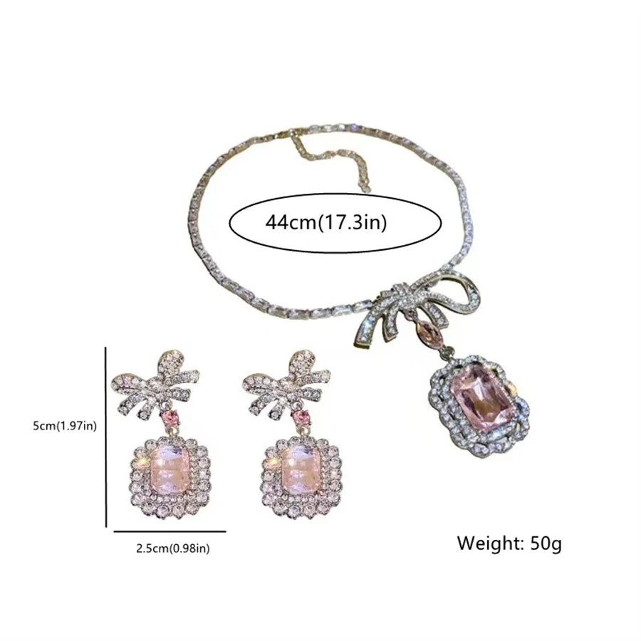 Sweet Square Pink Crystal Necklace Earrings for Women Girls Bowknot Earrings Wedding Bride Jewelry Sets Accessories