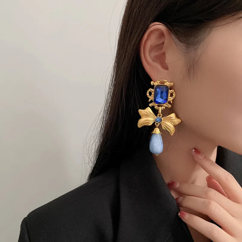 3 Pcs Bluey Rhinestone Square Bowknot Water Drop Dangle Earrings for Women Vintage Unique Design Necklaces Collar Jewelry Sets