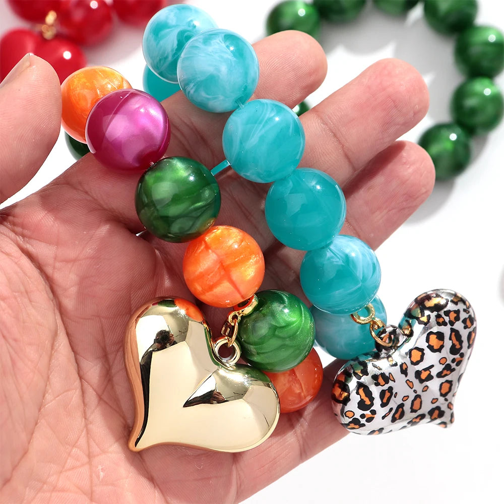 Boho Colorful Round Beads Heart Pendant Elastic Bracelets Fashion Geometric Beaded Bangle Bracelet Women Jewelry Gifts