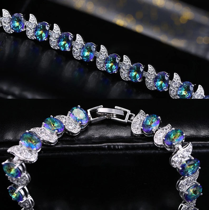 ThreeGraces Mystic Blue Cubic Zirconia Crystal Geometric Oval CZ Link Chain Bracelet for Women Fashion Party Jewelry BR364