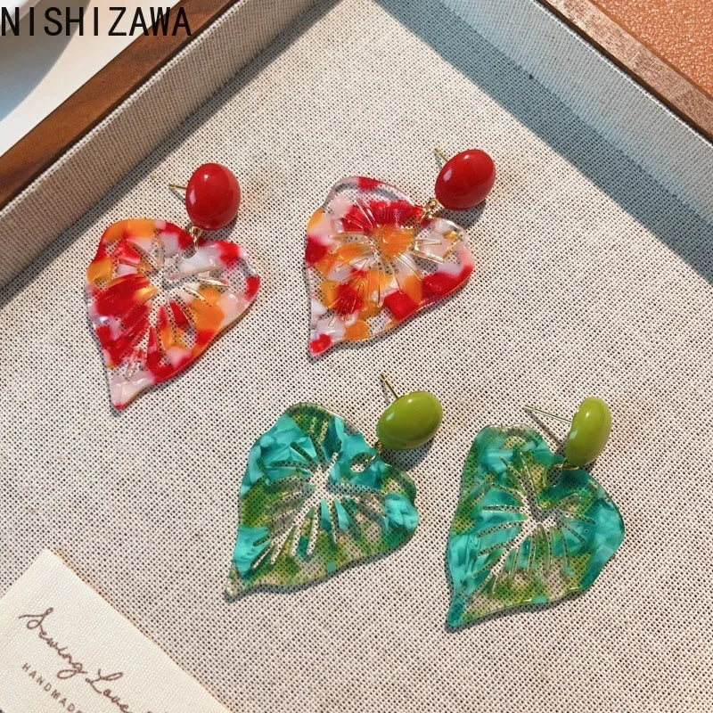NISHIZAWA Acrylic Leaf Earrings for Women Spring Summer Vintage Beach Style Jewelry Korean Fashion Elegant Pendientes Mujer