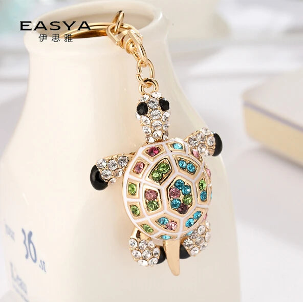 Fashion Rhinestone Crystal Metal Keychain Lovely Cartoon Marine Style Tortoise Fish Dolphin Keyring HandBag Car Pendant Gift