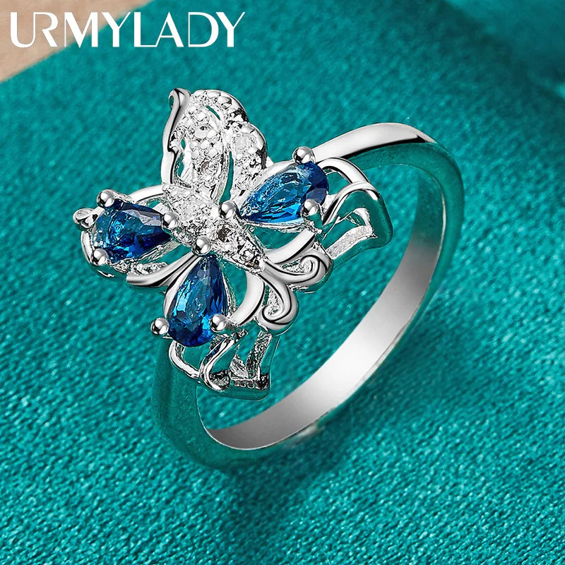 URMYLADY 925 Sterling Silver Butterfly Blue Zircon 7-10# Ring For Women Fashion Wedding Party Charm Jewelry