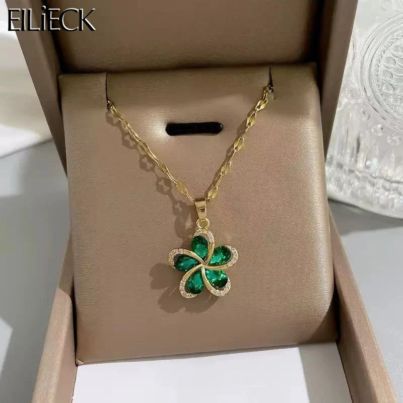 EILIECK 316L Stainless Steel Green Cubic Zircon Flower Pendant Necklace for Women Luxury Temperament Neck Chain Fashion Jewelry