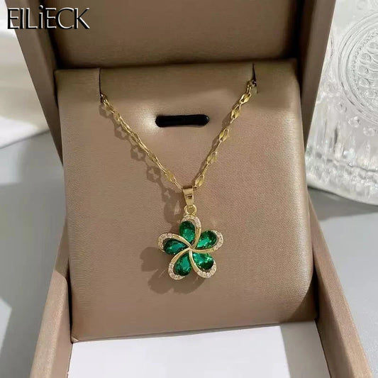 EILIECK 316L Stainless Steel Green Cubic Zircon Flower Pendant Necklace for Women Luxury Temperament Neck Chain Fashion Jewelry