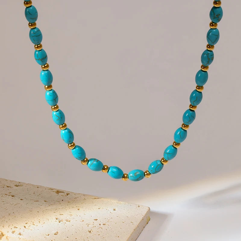 EILIECK 316L Stainless Steel Green Stone Necklaces Irregular Bead String Necklace Fashion Women's Vacation Jewelry Chain Chokers