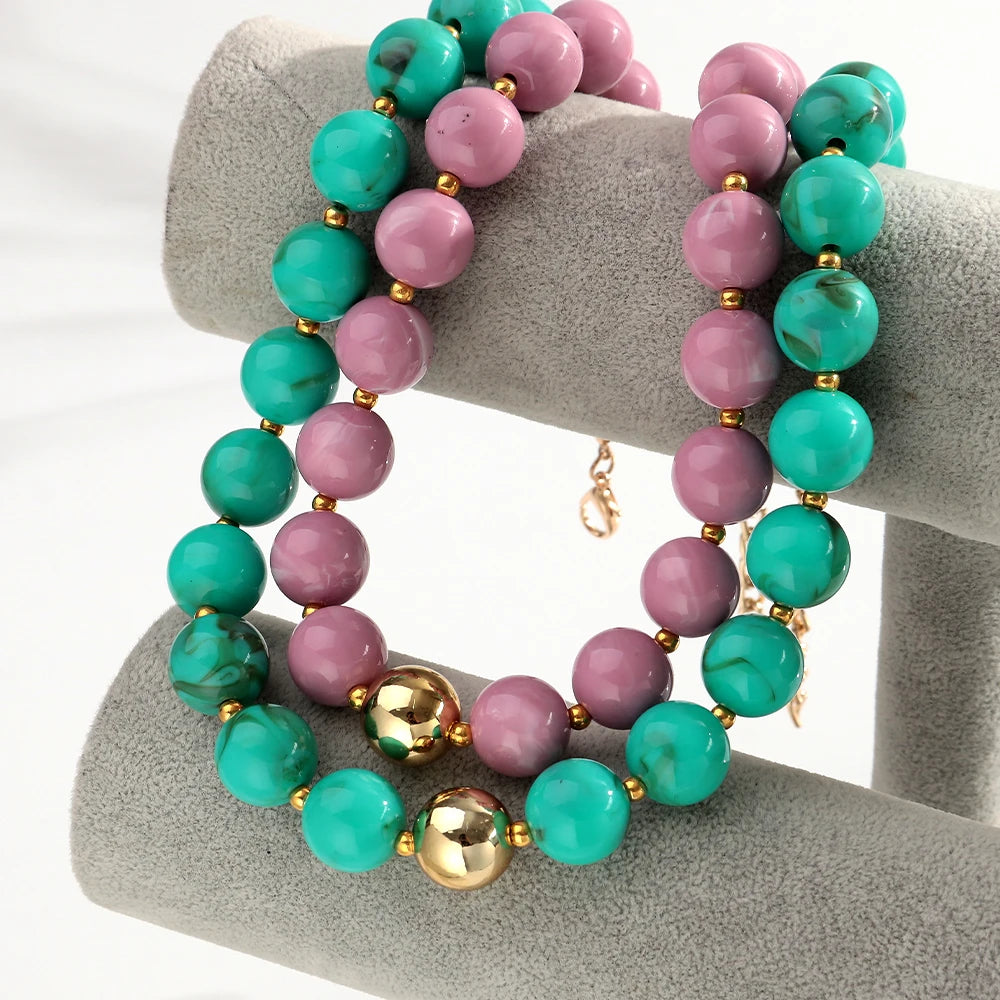 Trendy Acrylic Multicolor Round Beads Necklace Bracelet Set Resin Geometric Beaded Choker Necklaces 2026 Fashion Jewelry