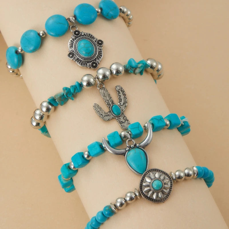 Bohemian Style Bead Bracelet with Cow's Head Geometric Inlay Imitation Turquoise Fashion Combination Jewelry Accessories