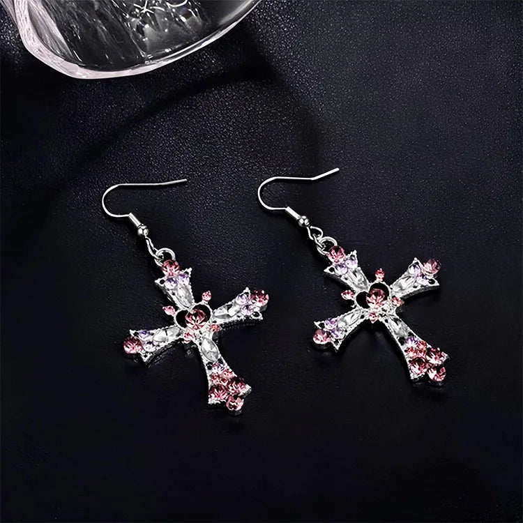 Gothic Pink Heart Cross Earrings Y2K Kpop Fashion Korean Style Earring for Women Grunge Egirl Earrings Jewelry Accessories
