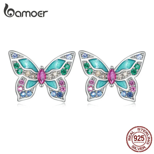 Bamoer 925 Sterling Silver Colorful Zircon Butterfly Stud Earrings for Women Birthday Party Fashion Fine Jewelry BSE807