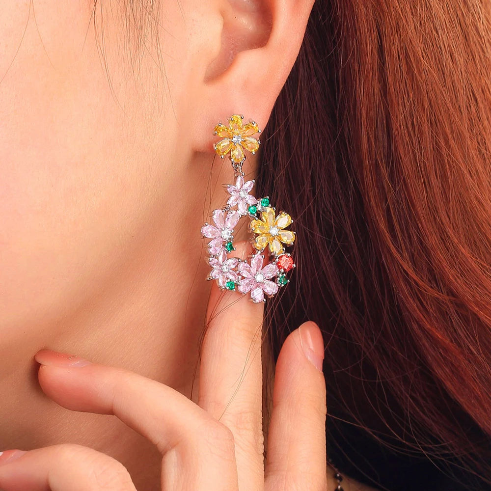 ThreeGraces Pink Yellow Cubic Zirconia Stone Cluster Flower Shaped Long Dangle Earrings for Women Evening Party Jewelry E2112