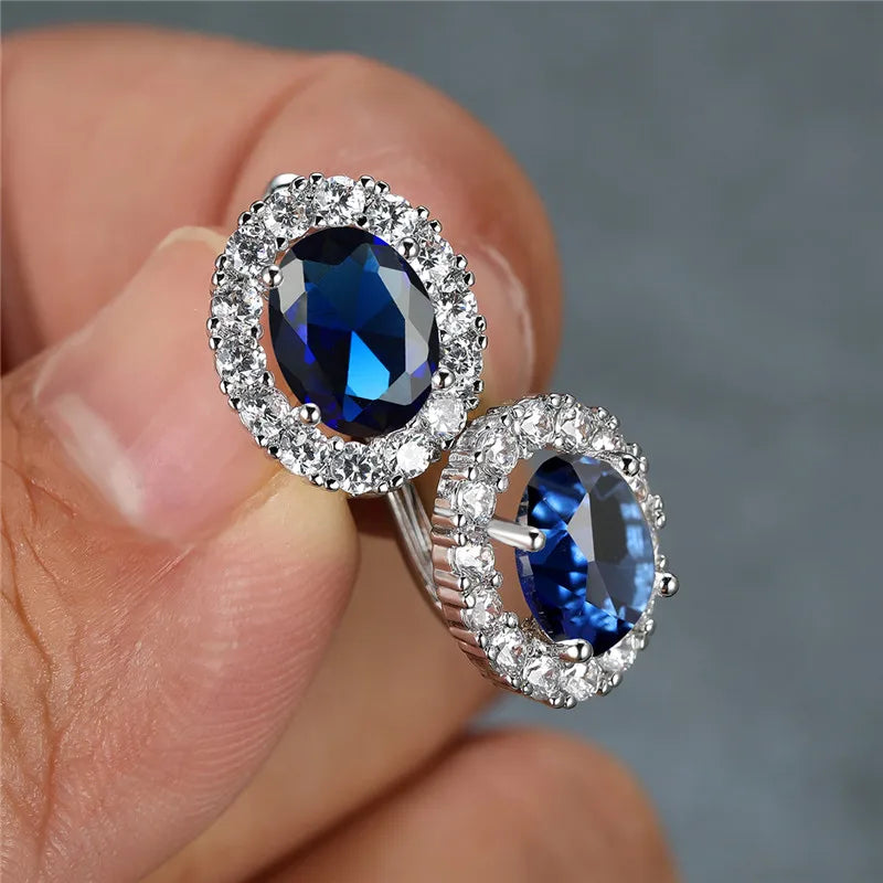 Luxury Crystal Purple Oval Stone Earrings Multicolor Zircon Small Hoop Earrings Classic Silver Color Wedding Earrings For Women