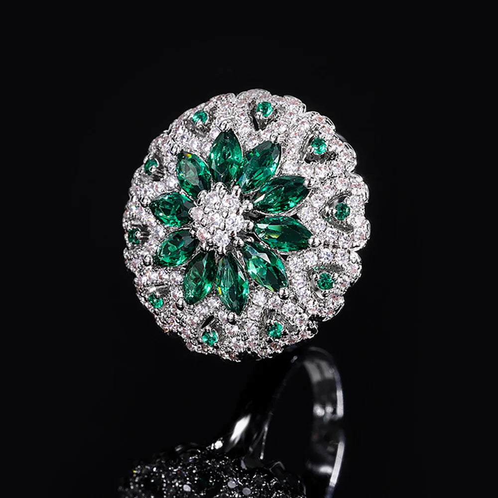 Luxury Ruby Emerald Flower Rings for Women High Carbon Diamond Wedding Bands Retro Gemstone Party Fine Jewelry Anniversary Gift