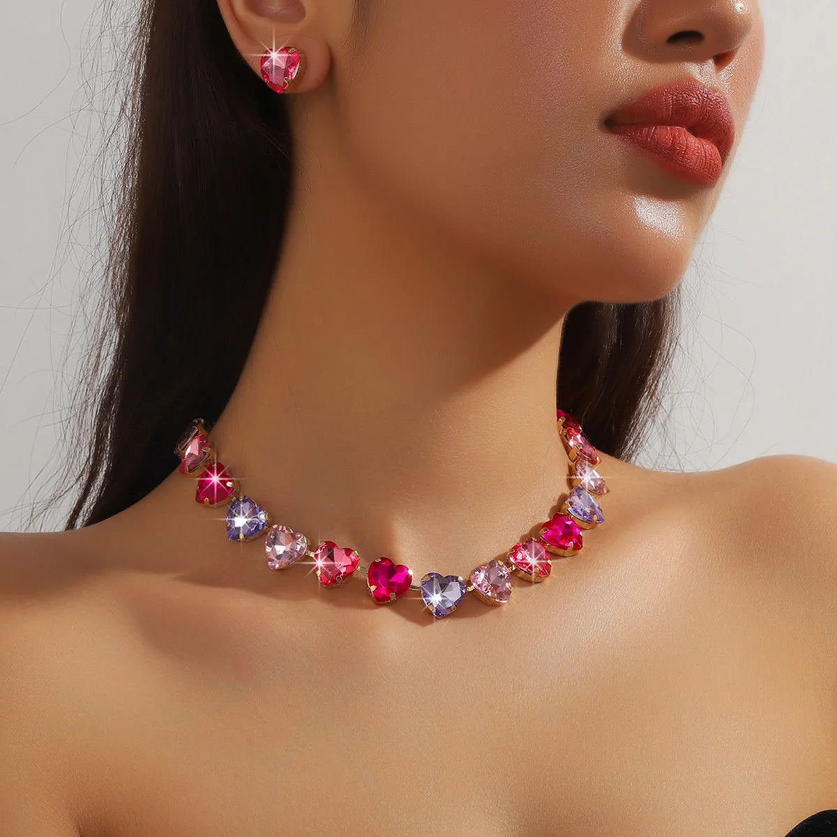 FYUAN Sweet Rose Red Heart Pendant Necklace For Women Crystal Earrings Weddings Banquet Jewelry Sets