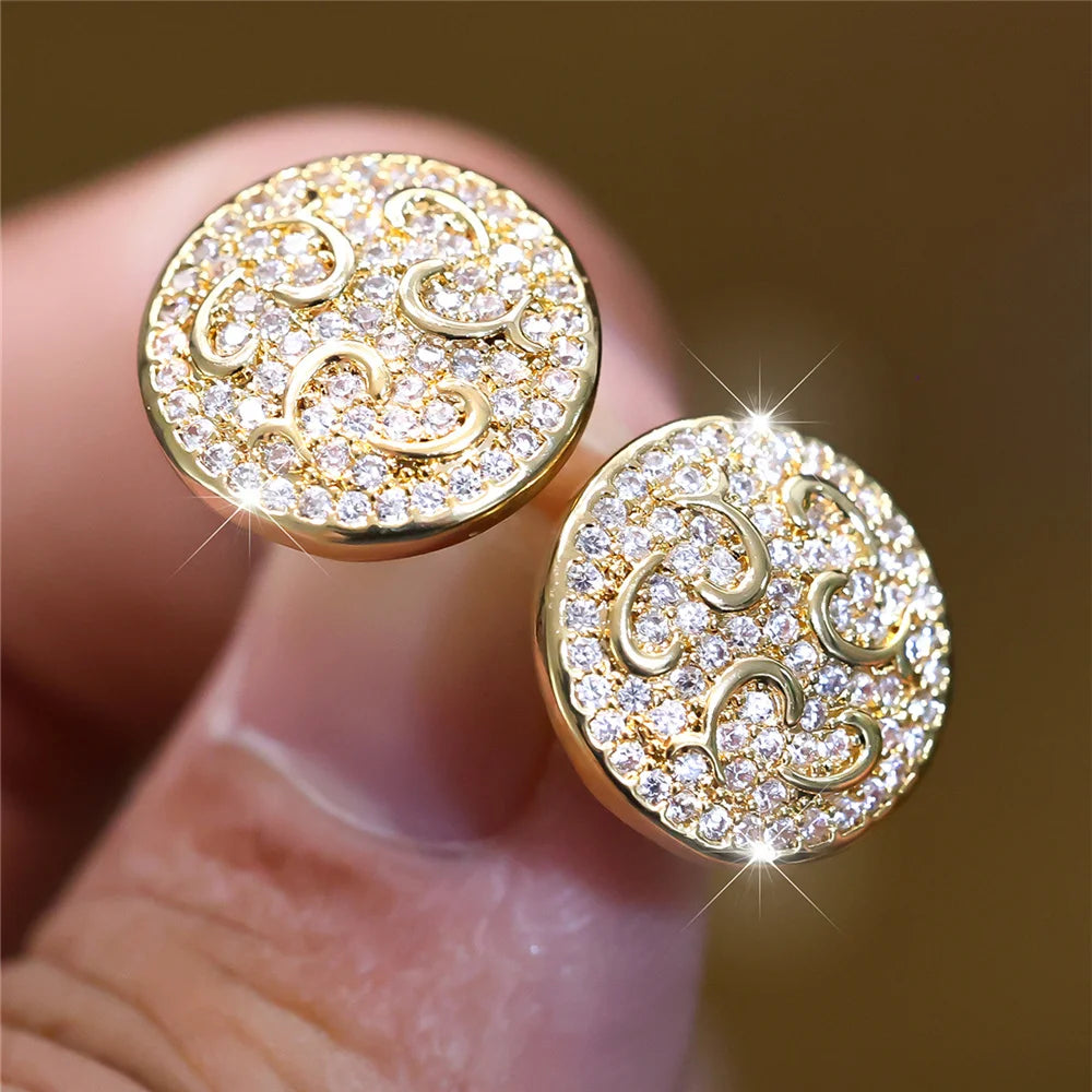 Cute Female Stone White Zircon Round Stud Earrings Gold Color Wedding Jewelry For Women