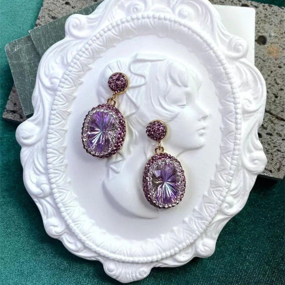 Fashion Large Purple Crystsal Dangle Earrings Cushion Cut Crystal Clay Rhinestone Crystal Jewelry for Women Party Wedding Golden
