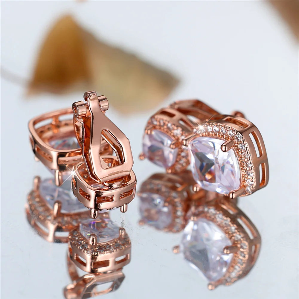 Luxury Big White Zircon Clip Earrings For Women Luxury Crystal Female Silver Color Round Wedding Jewelry