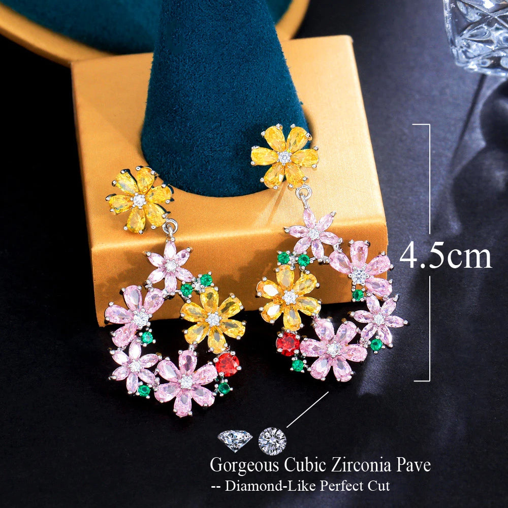 ThreeGraces Pink Yellow Cubic Zirconia Stone Cluster Flower Shaped Long Dangle Earrings for Women Evening Party Jewelry E2112