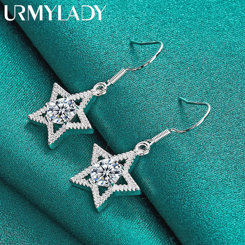 URMYLADY 925 Sterling Silver Star Zircon Earrings Eardrop for Women Fashion Charm Wedding Engagement Jewelry
