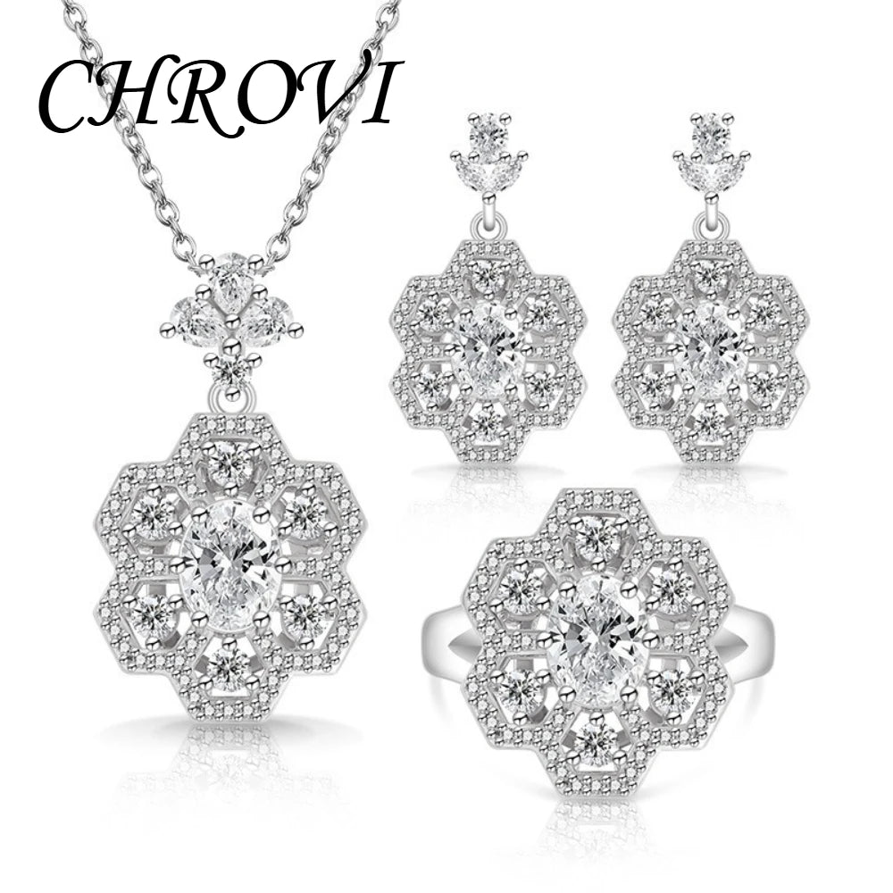 Exquisite 925 sterling silver popular flower-shaped diamond-set pendant necklace, ring, earring set jewelry set
