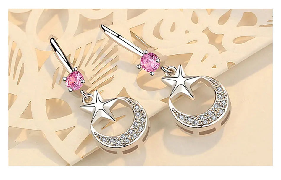 ZDADAN 925 Sterling Silver Star Moon CZ Dangle Earrings For Women Fashion Jewelry