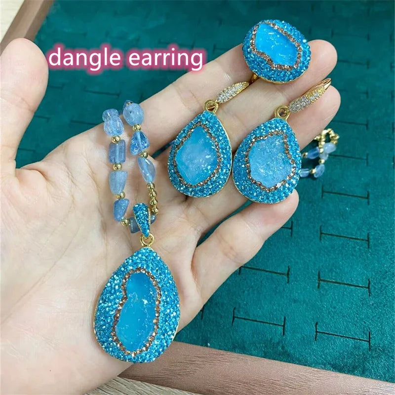 Turkish Raw Baroque Aquamarine Crystal Jewelry Set for Women Rhinestone Quartz Irregular Stone Necklace Ring Hook Earring Sets