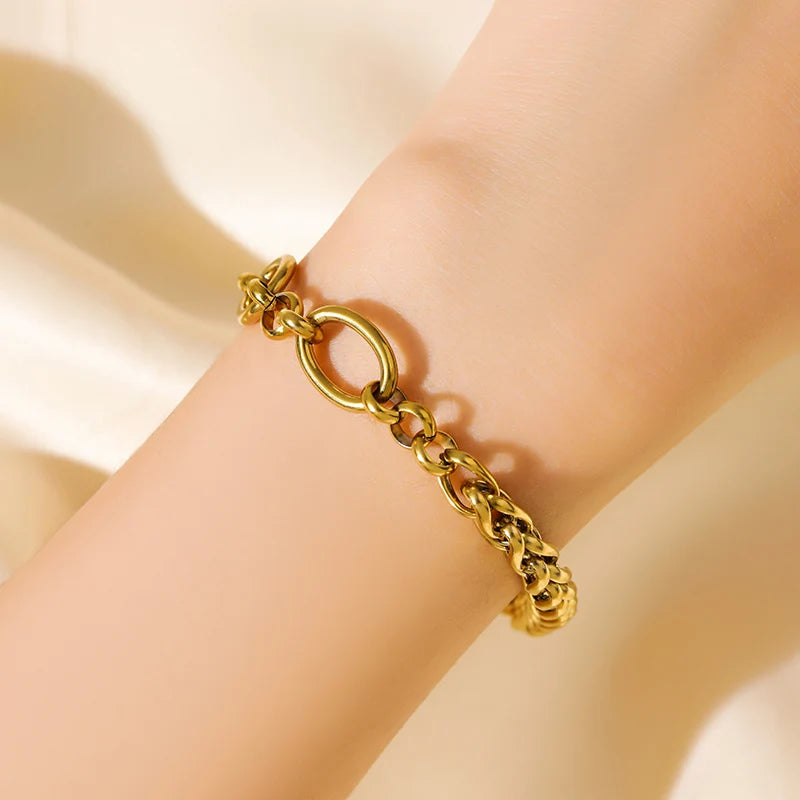 EILIECK 316L Stainless Steel Gold Color Asymmetric Chain Necklace Bracelet Set For Women Fashion Waterproof Jewelry Lady Gift