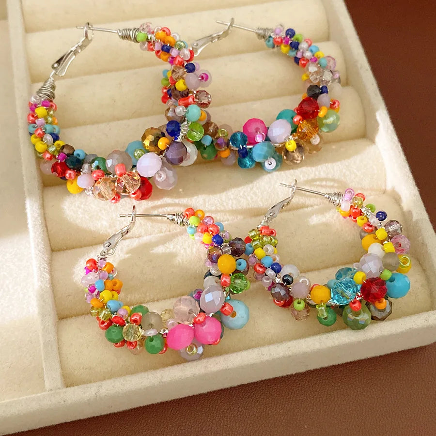 Colorful Glass Beaded Cluster Hoop Earrings for Women Shiny Wrapped Circle Huggie Earrings Vacation Festival Beach Jewelry N