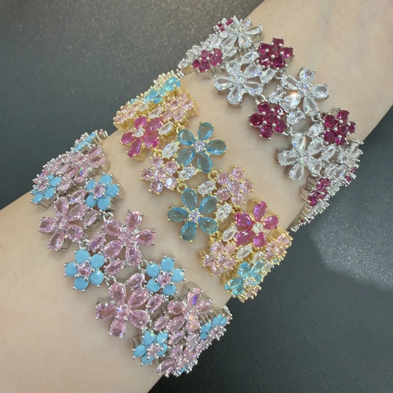 Luxury Cubic Zirconia Gemstone Bracelet Ring Earring Jewelry Set for Women Wedding Gift Colorful Stone Five Petal Flower Design