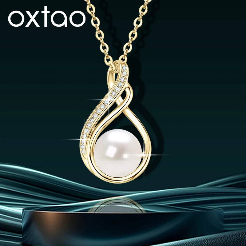 OXTAO Infinity Moissanite Pendant Necklace 14K Gold Filled Cute Freshwater Pearl Necklace Mother Wife Birthday Jewelry Gift