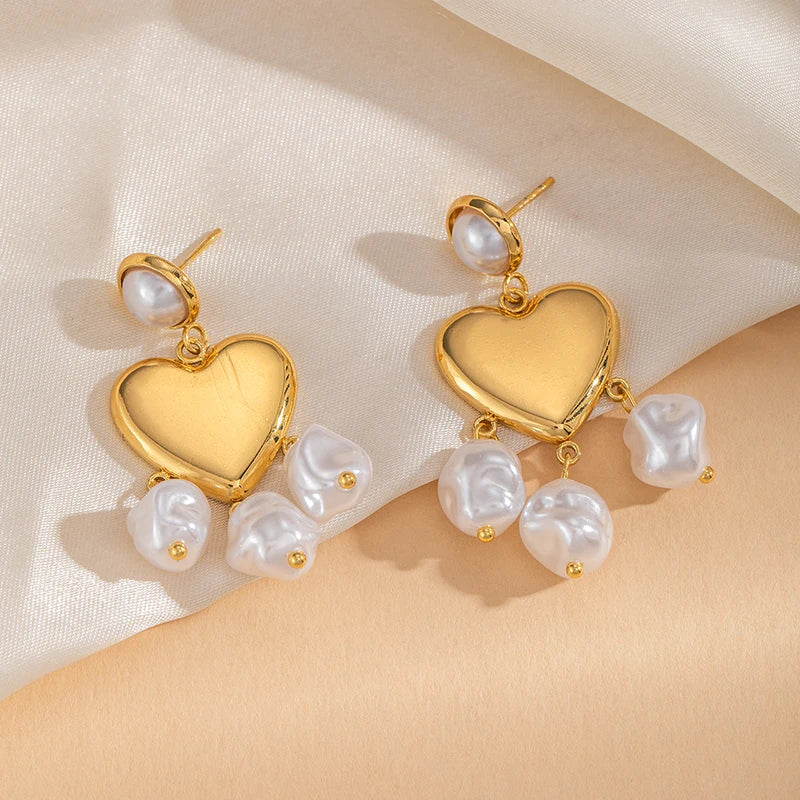 ANENJERY 316L Stainless Steel Imitation Pearls Hollow Heart Stud Earrings For Women French Vintage Luxury Niche Jewelry Gift
