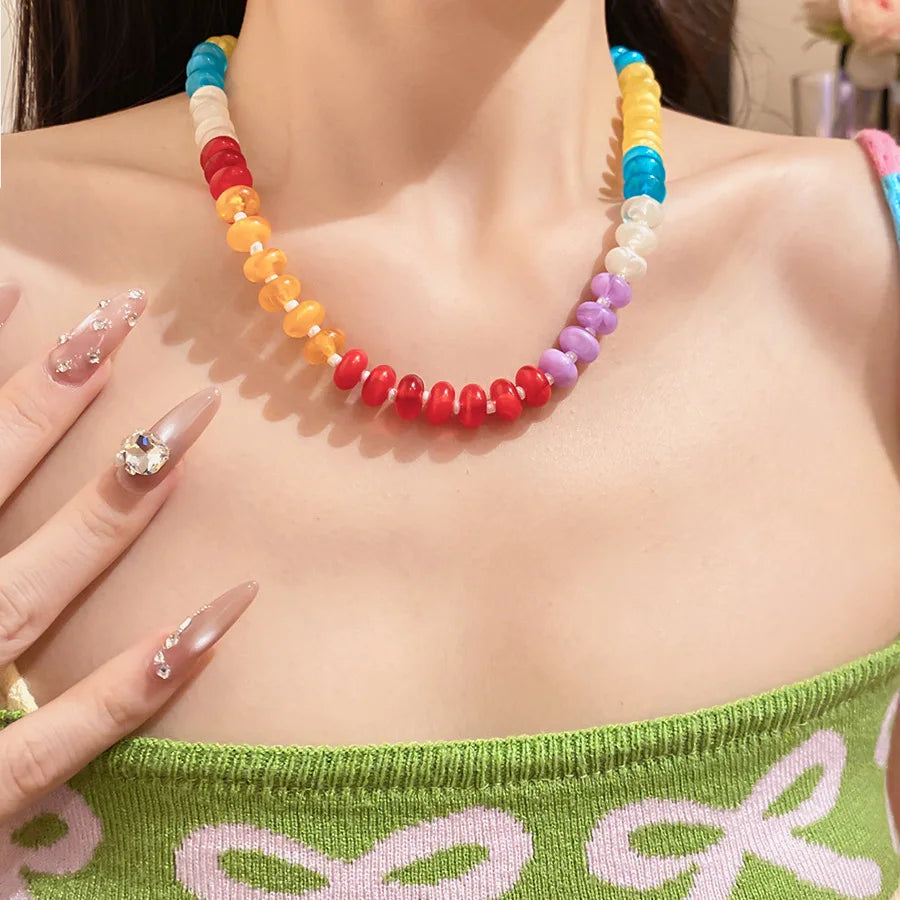 European American Jewelry Rainbow Acrylic Beaded Clavicle Chain Dopamine Sweet Irregular Necklace for Women
