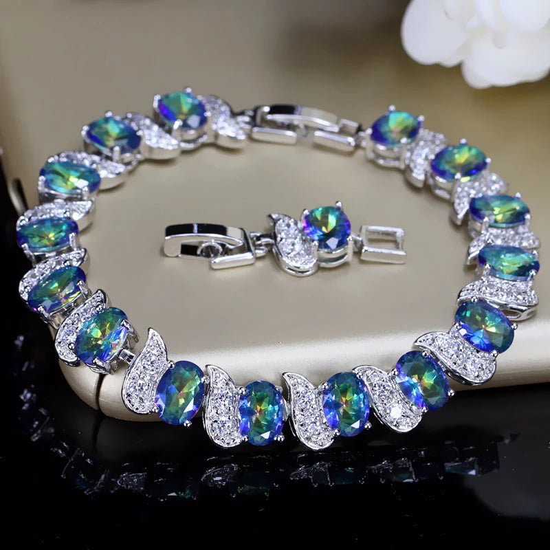 ThreeGraces Mystic Blue Cubic Zirconia Crystal Geometric Oval CZ Link Chain Bracelet for Women Fashion Party Jewelry BR364