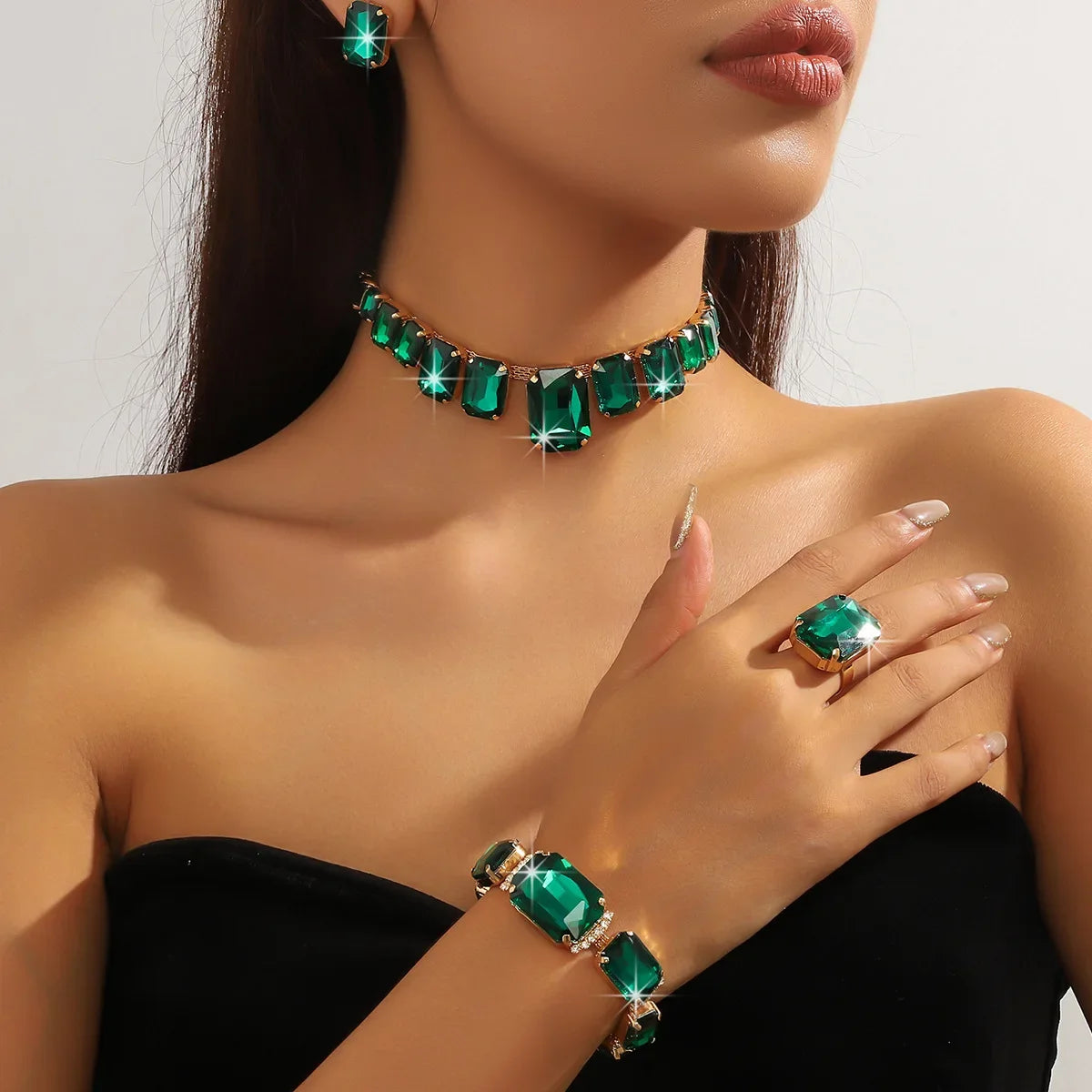 FYUAN Red Champagne Green Rectangle Geometric Necklace Earrings Bracelet Crystal Earrings for Women Wedding Jewelry Sets