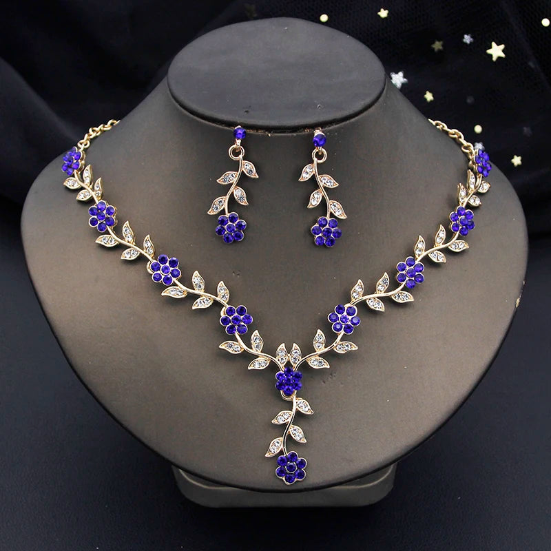 Exquisite 16 Colors Flower Jewelry Set Rhinestone Pendant Party Women Fashion Romantic Wedding Necklace Earring Set 3pcs Gifts